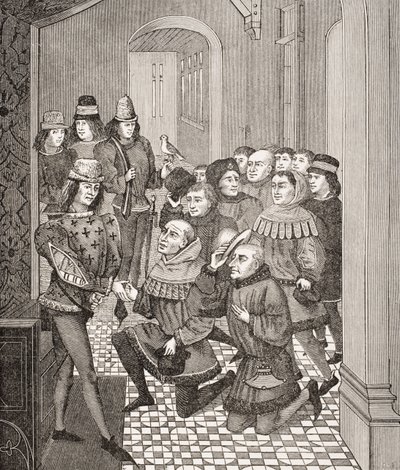 Deputies of the Ghent Burghers beg pardon from Louis II for their Revolt against him in 1397, based on a miniature in a book by Jean Froissart from 